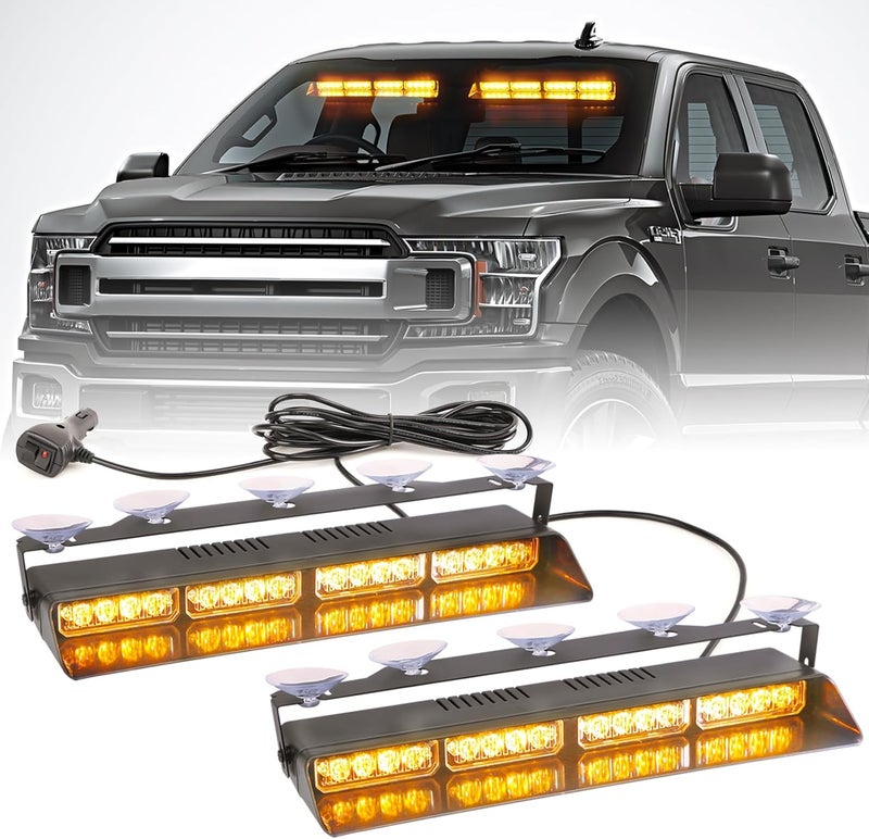 PKINGLAKE 2 in 1 LED Emergency Dash Strobe Light Bar Front/Rear Windshield Safety Flashing Warning Hazard Interior Lights for Police Firefighter Construction Vehicles Trucks (2x14 inch, Amber/Amber) - Image 1
